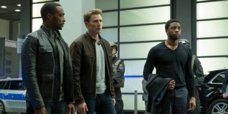 Anthony Mackie, Chris Evans e Chadwick Boseman em Capitão América Guerra Civil