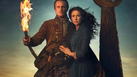 Confira essa lista de 5 melhores momentos de Outlander Jamie (Sam Heughan) e Claire (Caitriona Balfe) em Outlander (Divulgação)
