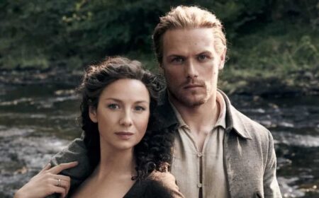 Claire (Caitriona Balfe) e Jamie (Sam Heughan) em Outlander: (Reprodução)