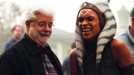 George Lucas pode retomar o controle criativo de Star Wars George Lucas e Rosario Dawson no set de The Mandalorian (Divulgação)