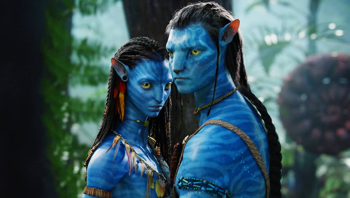 Sam Worthington com Jake Sulley e Zoë Saldaña como Neytiri em Avatar (Reprodução)