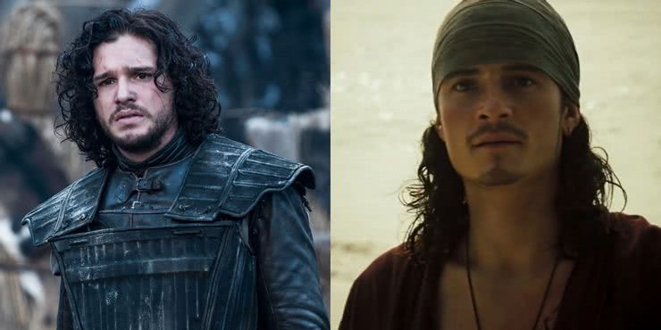 Jon Snow (Kit Harington) em Game of Thrones e Will Turner(Orlando Bloom) em Piratas do Caribe (Montagem Reprodução)