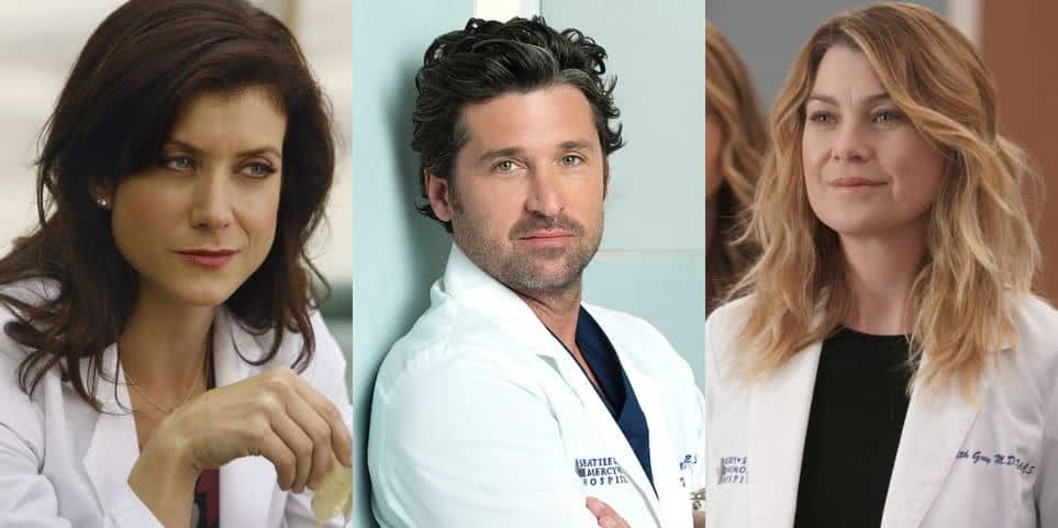 Addison (Kate Walsh), Derek (Patrick Dempsey), Meredith (Ellen Pompeo) em Grey's Anatomy (Montagem / Reprodução)