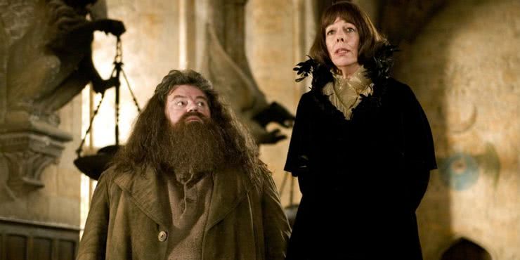 Hagrid (Robbie Coltrane) e Mada Maxime (Frances de la Tour) em a Saga Harry Potter (Reprodução)