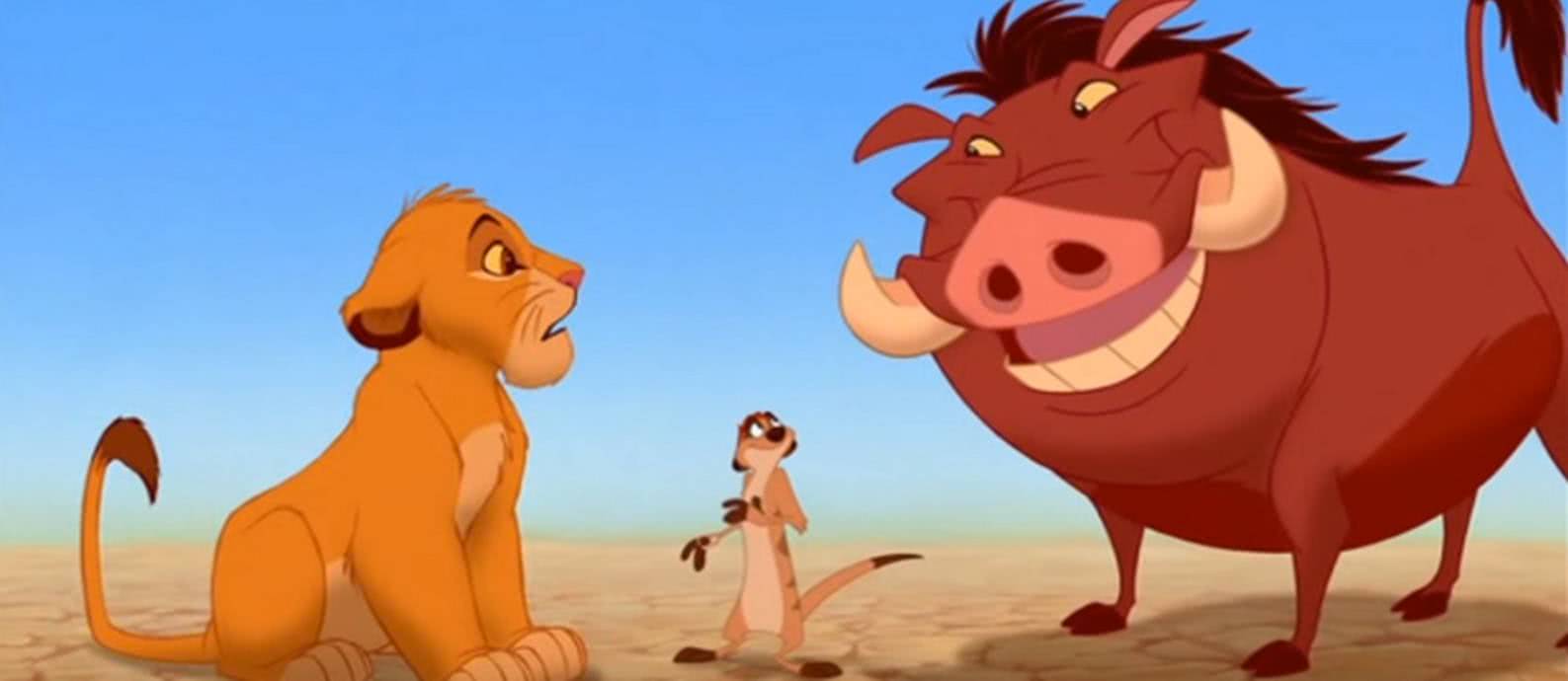 Simba, Timão e Pumba em O Rei Leão (Reprodução)
