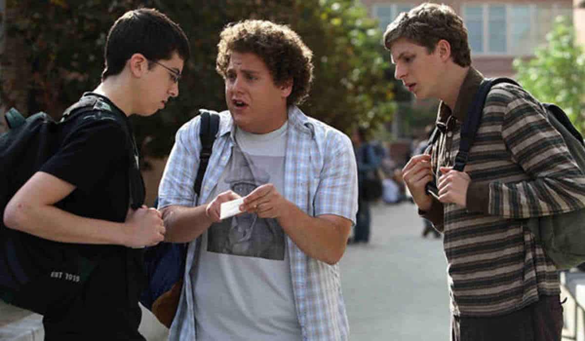 Evan (Michael Cera), Fogell (Christopher Mintz-Plasse) and Seth (Jonah Hill) in Superbad: It's Today (Reproduction)