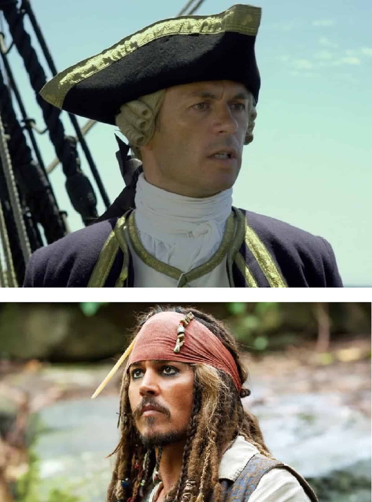 Greg Ellis e Jhonny Depp em Piratas do Caribe Montagem com Fotos de Reproducao