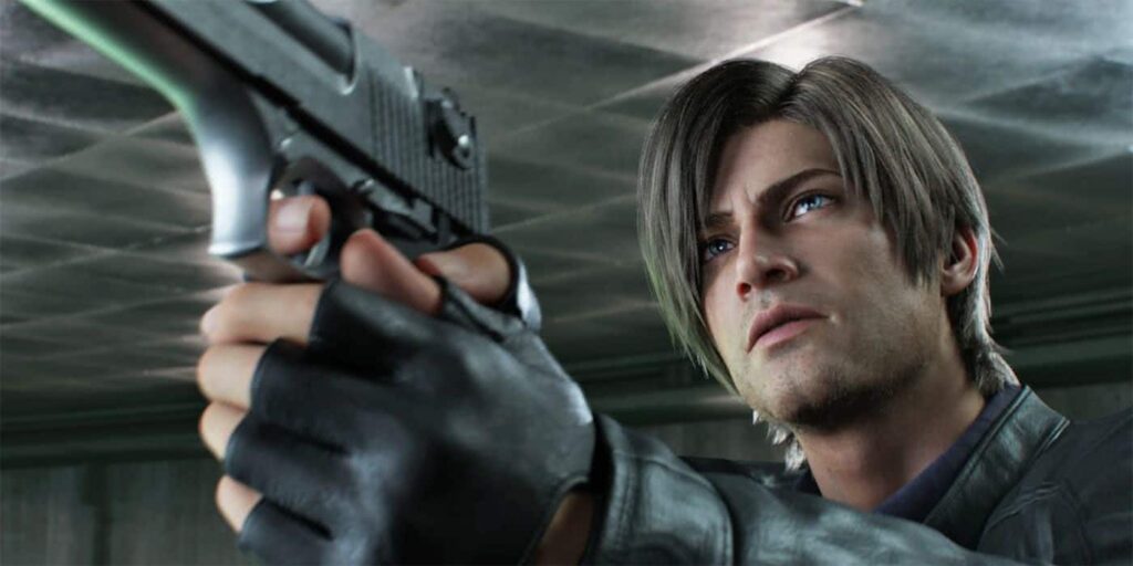 Leon ensina com matar zumbis em Resident Evil: No Escuro Absoluto Leon em Resident Evil: No Escuro Absoluto (Reprodução / Netflix)