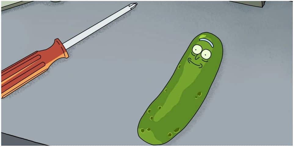 Rick transformado em um picles em Rick and Morty (Reprodução)