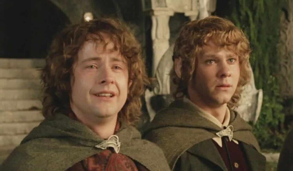 Atores revelam uma das cenas mais difíceis de filmar em O Senhor dos Anéis Pippin (Billy Boyd) e Merry (Dominic Monaghan) na trilogia O Senhor dos Anéis (Reprodução)