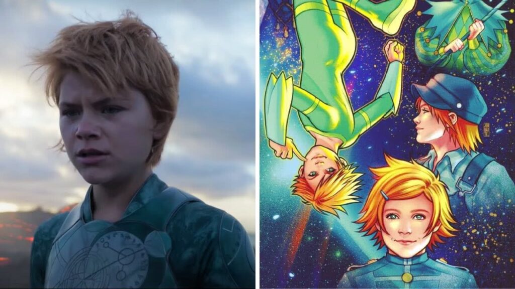 Sprite (Lia McHugh) em Os Eternos e nos quadrinhos da Marvel (Montagem Reprodução)
