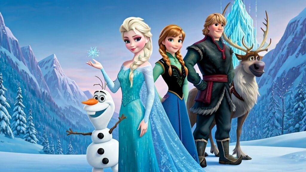 Características de Elsa, ela aparece ao lado de Anna, Kristoff, Olaf e Sven em cenário congelado de Frozen.
