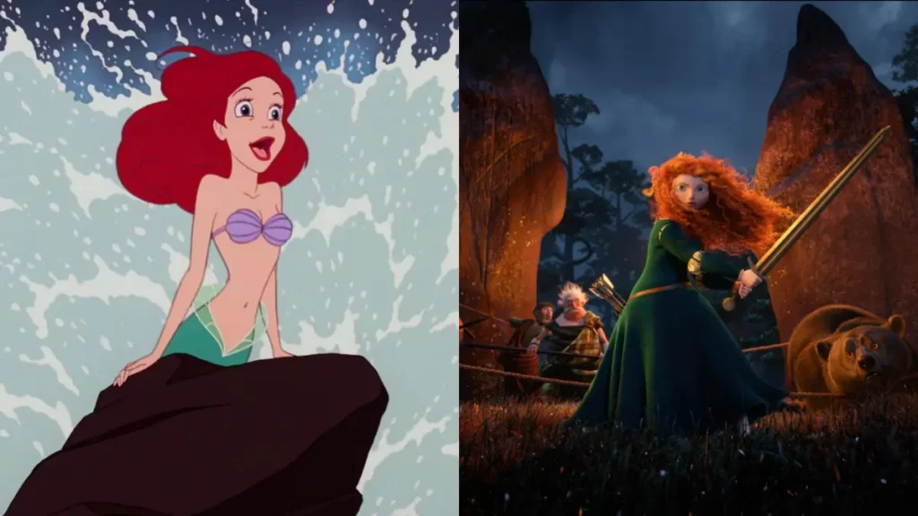 Montagem com Ariel, de A Pequena Sereia, e Merida, de Valente, as duas princesas ruivas oficiais da franquia Disney Princess.
