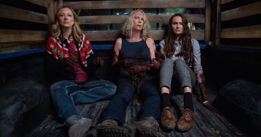 Judy Greer Jamie Lee Curtis e Andi Matichak em Halloween Kills Divulgacao