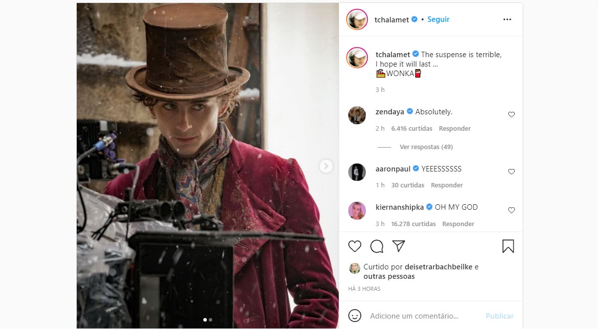 Timothée Chalamet revela primeira foto como Willy Wonka em novo filme 2 Timothee Chalamet como Willy Wonka Reproducao