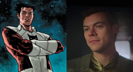 Eros nos quadrinhos da Marvel e Harry Styles como Eros em Eternos (Montagem Reprodução)