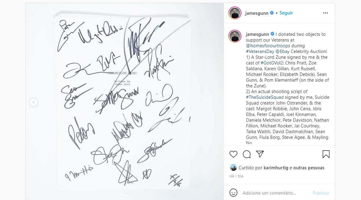 James Gunn doa objetos de seus filmes para leilão beneficente 3 James Gunn doou um roteiro real de O Esquadrao Suicida para leilao dos Veteranos Reproducao