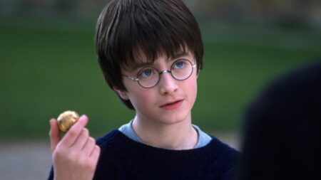 Por que Daniel Radcliffe ficou com o rosto manchado em gravações de Harry Potter? Snitch WB F1 HarryPotterHoldingTheSnitch Still 100615 Land