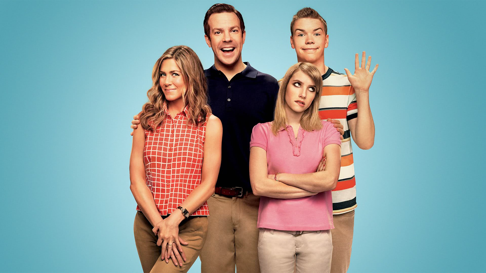 Jason Sudeikis, Will Poulter, Jennifer Aniston e Emma Roberts em Família do Bagulho (Divulgação)
