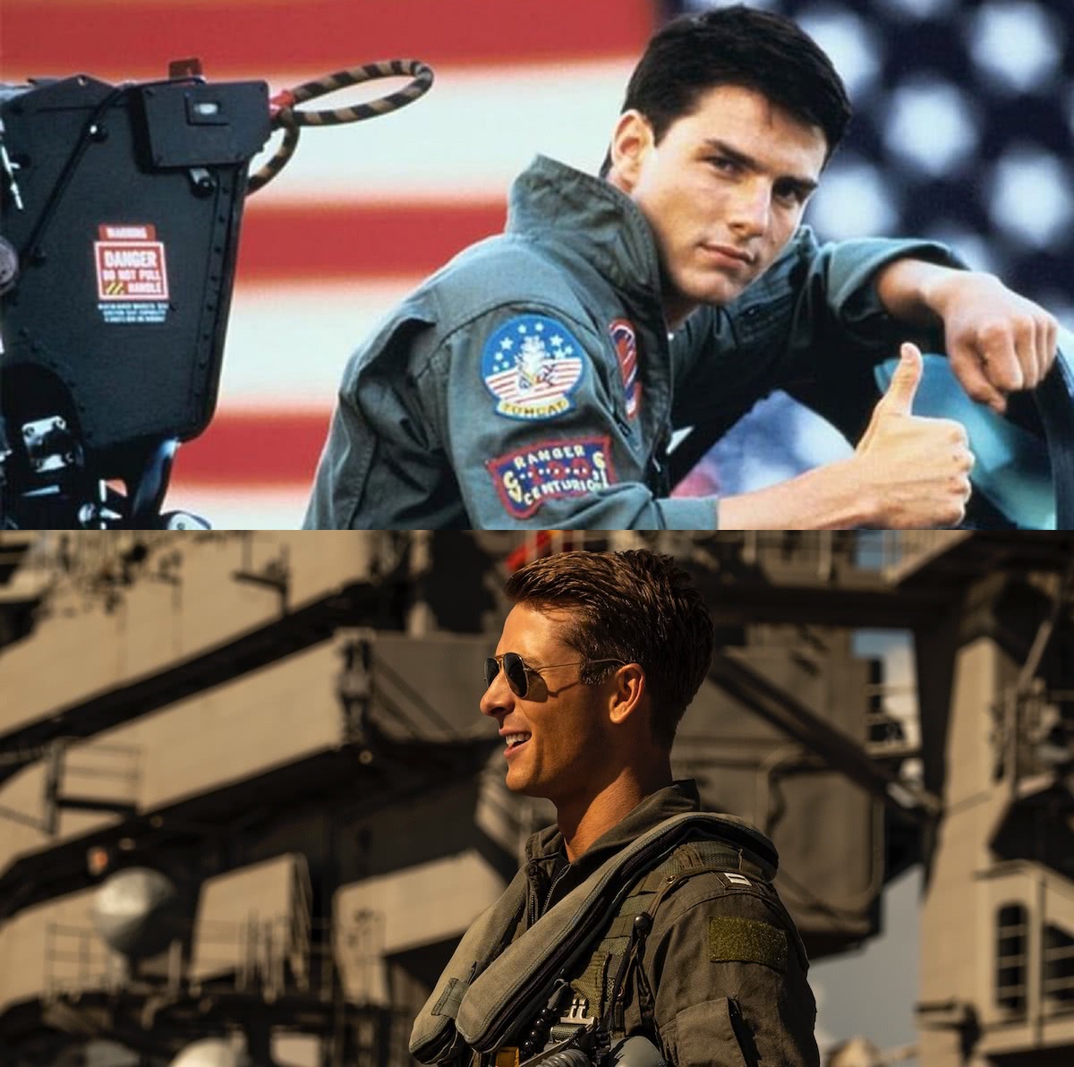 Tom Cruise em Top Gun e Glen Powell em Top Gun 2 (Montagem/Reprodução)
