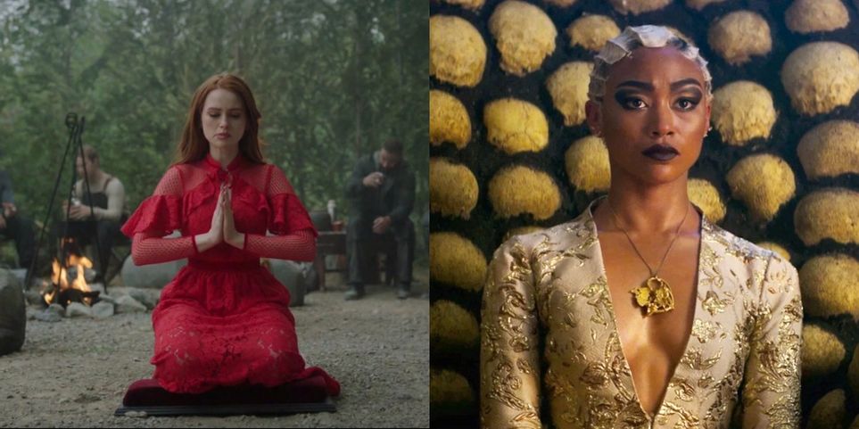 Personagens de Riverdale e seus correspondentes em O Mundo Sombrio de Sabrina 3 Cheryl em Riverdale e Prudence em O Mundo Sombrio de Sabrina Montagem Reproducao
