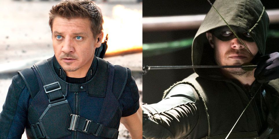 Personagens de Gavião Arqueiro e seus correspondentes no Arrowverse 4 Clint em Gaviao Arqueiro e Oliver Queen no Arrowverse Montagem Reproducao