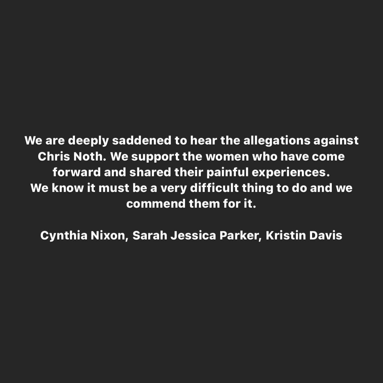 A declaração oficial de Cynthia Nixon, Kristin Davis e Sarah Jessica Parker foi publicada na conta oficial do Twitter de Kristin (Reprodução)