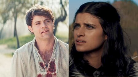 Joey Batey é Jaskier e Anya Chalotra é Yennefer em The Witcher (Montagem/Reprodução)