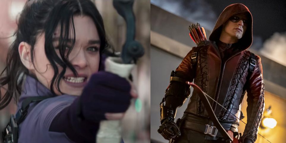Personagens de Gavião Arqueiro e seus correspondentes no Arrowverse 3 Kate Bishop em Gaviao Arqueiro e Roy Harper no Arrowverse Montagem Reproducao