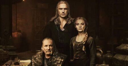 Geralt (Henry Cavill), Ciri (Freya Allen) e Vesemir (Kim Bodnia) em The Witcher (Divulgação / Netflix)