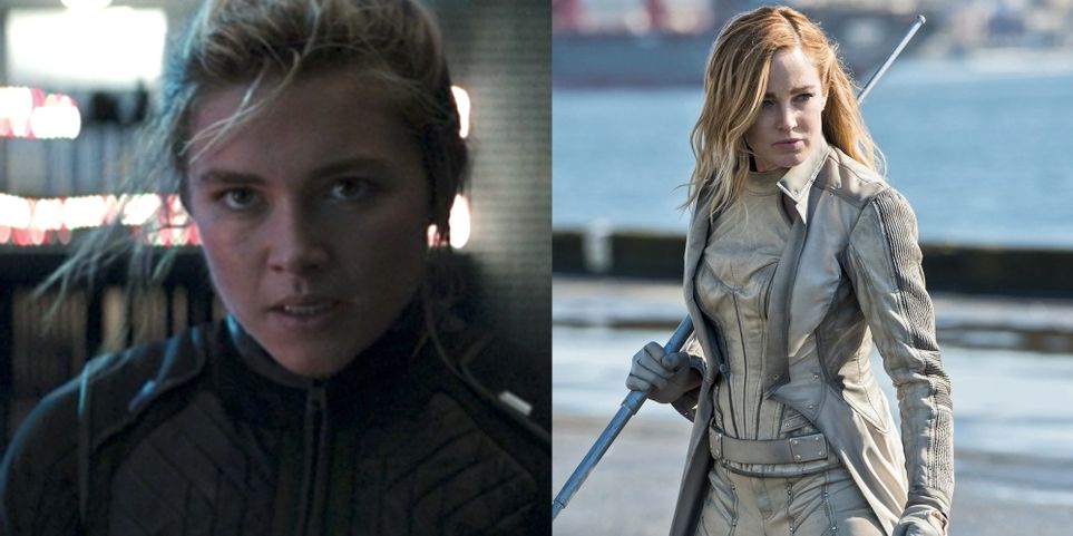 Personagens de Gavião Arqueiro e seus correspondentes no Arrowverse 2 Yelena em Gaviao Arqueiro e Sara no Arrowverse Montagem Reproducao