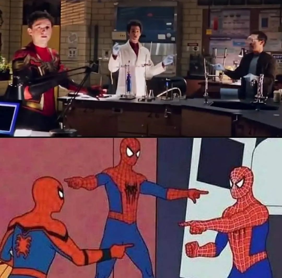 Meme do Homem-Aranha, Tom Holand, Andrew Garfield e Tobey Maguire em Homem-Aranha Sem Volta Para Casa (Montagem Reprodução)
