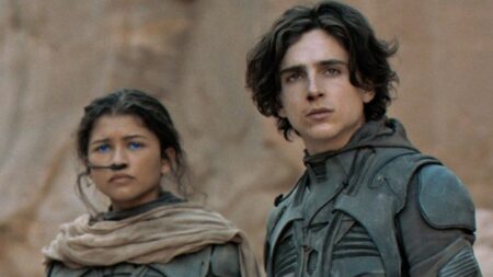 Zendaya como Chani e Timothée Chalamet Paul em Duna (Reprodução / Warner Bros.)