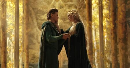 Elrond (Robert Aramayo) e Galadriel (Morfydd Clark) em The Rings of Power (Divulgação / Amazon)