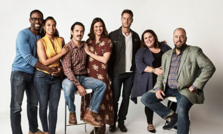 Randall (Sterling K. Brown) Beth (Susan Kelechi Watson), Jack (Milo Ventimiglia), Rebecca (Mandy Moore), Kevin (Justin Hartley), Kate (Chrissy Metz) e Toby (Chris Sullivan), de This is Us