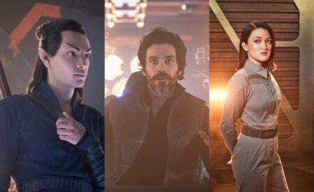 Evan Evagora, Santiago Cabrera e Isa Briones em Star Trek: Picard (Reprodução)
