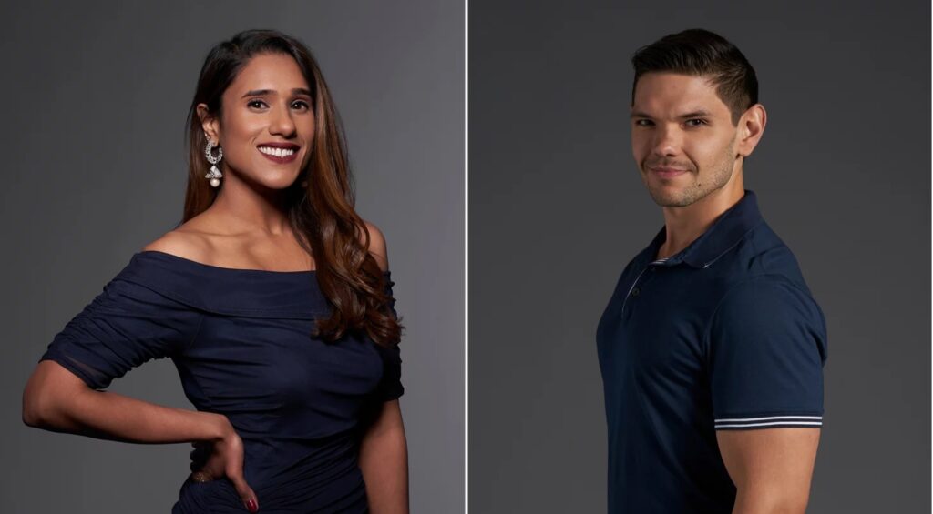Casamento às Cegas: Imagem de Deepti e Kyle de mãos dadas reforça boatos de namoro Deepti e Kyle da 2a temporada de Casamento as Cegas Montagem E pipoca