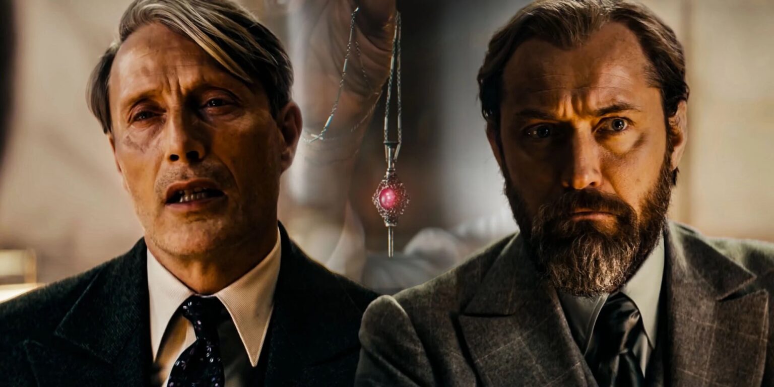 Animais Fantásticos 3 | Como o pacto de sangue de Gellert e Dumbledore se quebrou? Grindewald Madds Mikkelsen e Dumbledore Jude Law em Animais Fantasticos Montagem Reproducao