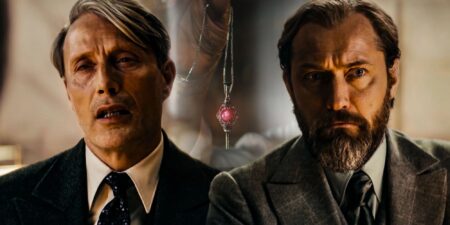 Grindewald Madds Mikkelsen e Dumbledore Jude Law em Animais Fantasticos Montagem Reproducao