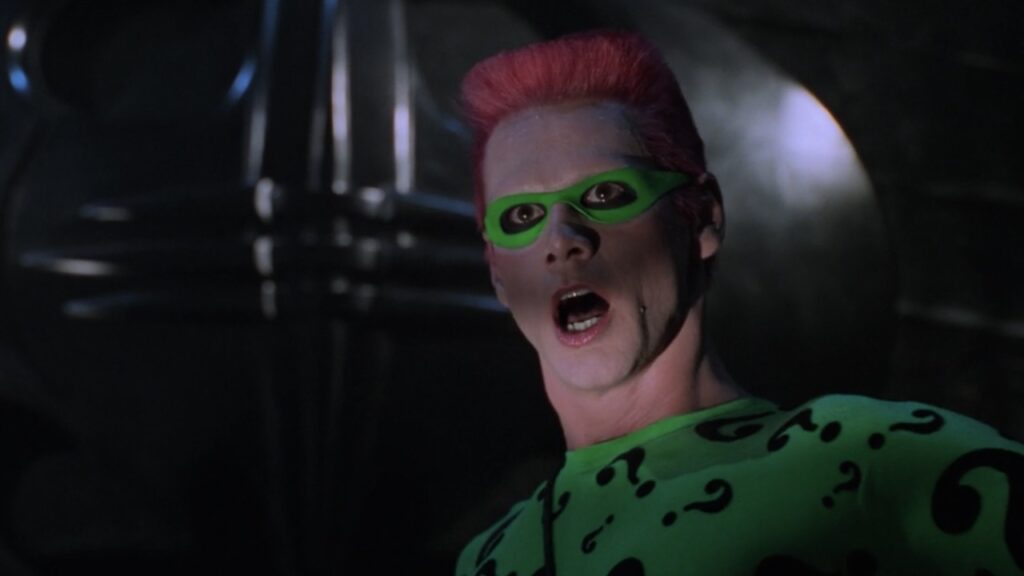 Jim Carrey como Charada em Batman Eternamente Divulgacao WB