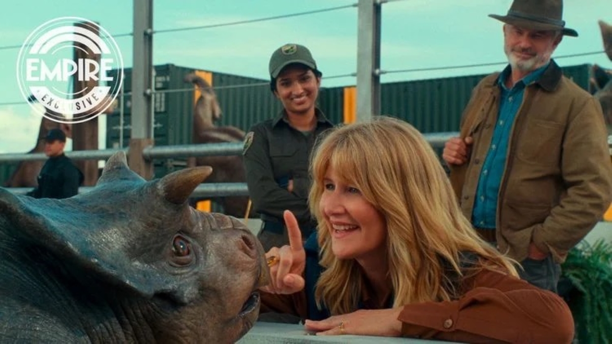 Nasutoceratops, Ellie Sattler (Laura Dern) e Alan Grant (Sam Neill) em Jurassic World: Domínio (Divulgação / Universal)