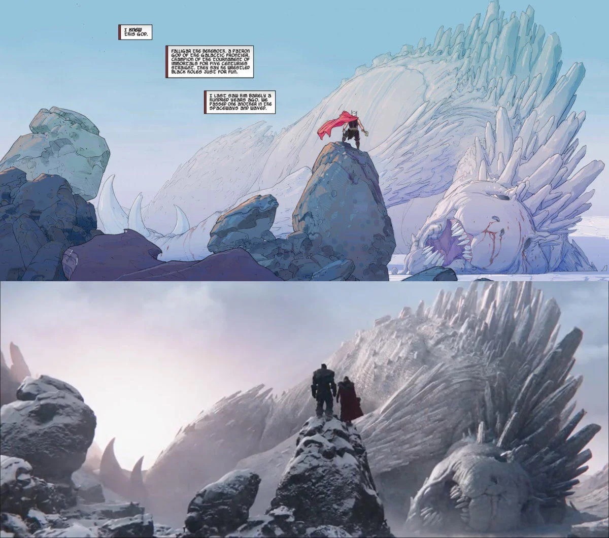 Comparação entre HQ Thor: O Deus do Trovão e o filme Thor: Amor e Trovão (Reprodução / Marvel)