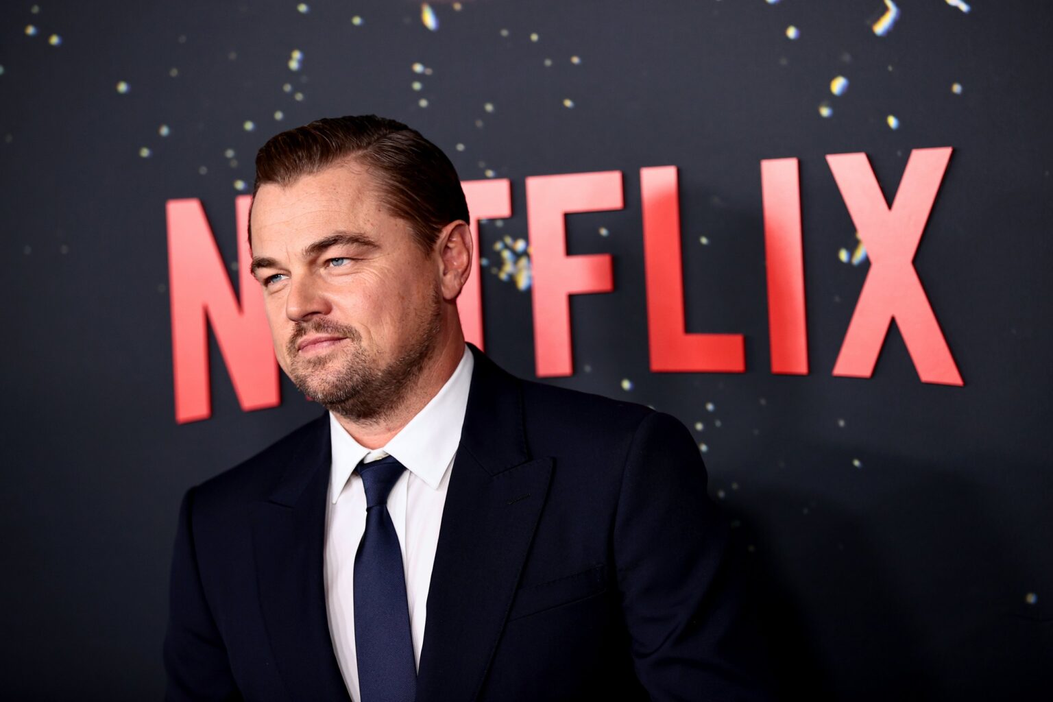 Leonardo DiCaprio durante lançamento de Não Olhe Para Cima