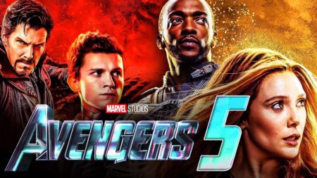 Falcão (Anthony Mackie), Doutor Estranho (Benedict Cumberbatch), Peter Parker (Tom Holland) e a Feiticeira Escarlate (Elizabeth Olsen) em montagem dos Vingadores 5