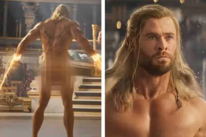 Chris Hemsworth pelado em cena de Thor: Amor e Trovão (Imagem Reprodução)