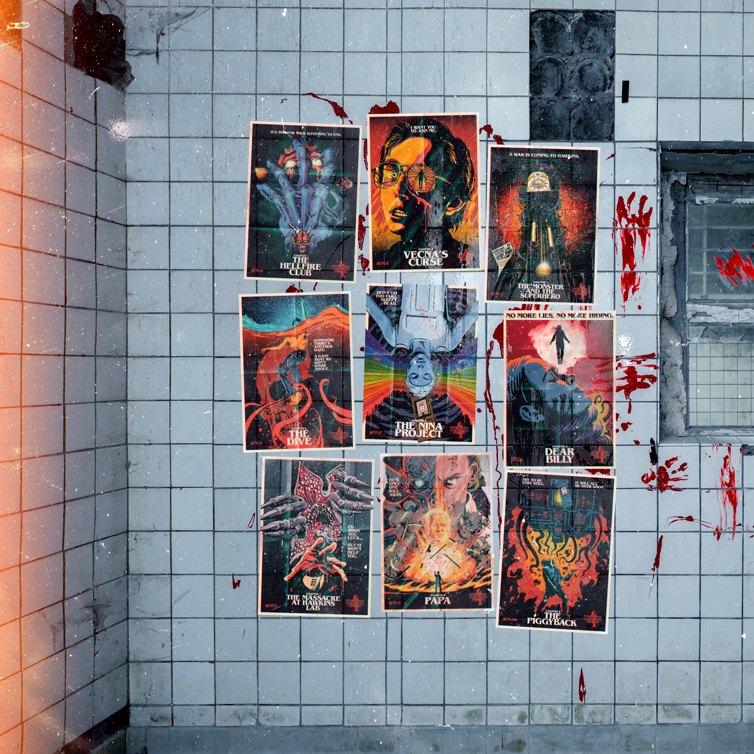 Fã obcecado por Stranger Things surpreende ao fazer tatuagem de cena 1 Montagem com os pôsteres de Stranger Things criado por @billythebutcher no Twitter (Reprodução)