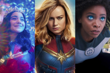 Montagem com Capitã Marvel (Brie Larson), Kamala Khan (Iman Vellani) e Monica Rambeau (Teyonah Parris) em produções da Marvel