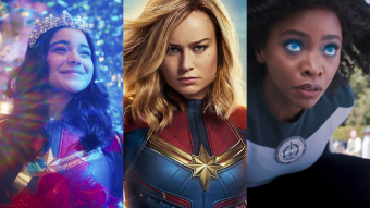 Montagem com Capitã Marvel (Brie Larson), Kamala Khan (Iman Vellani) e Monica Rambeau (Teyonah Parris) em produções da Marvel