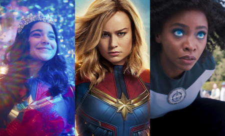 Montagem com Capitã Marvel (Brie Larson), Kamala Khan (Iman Vellani) e Monica Rambeau (Teyonah Parris) em produções da Marvel