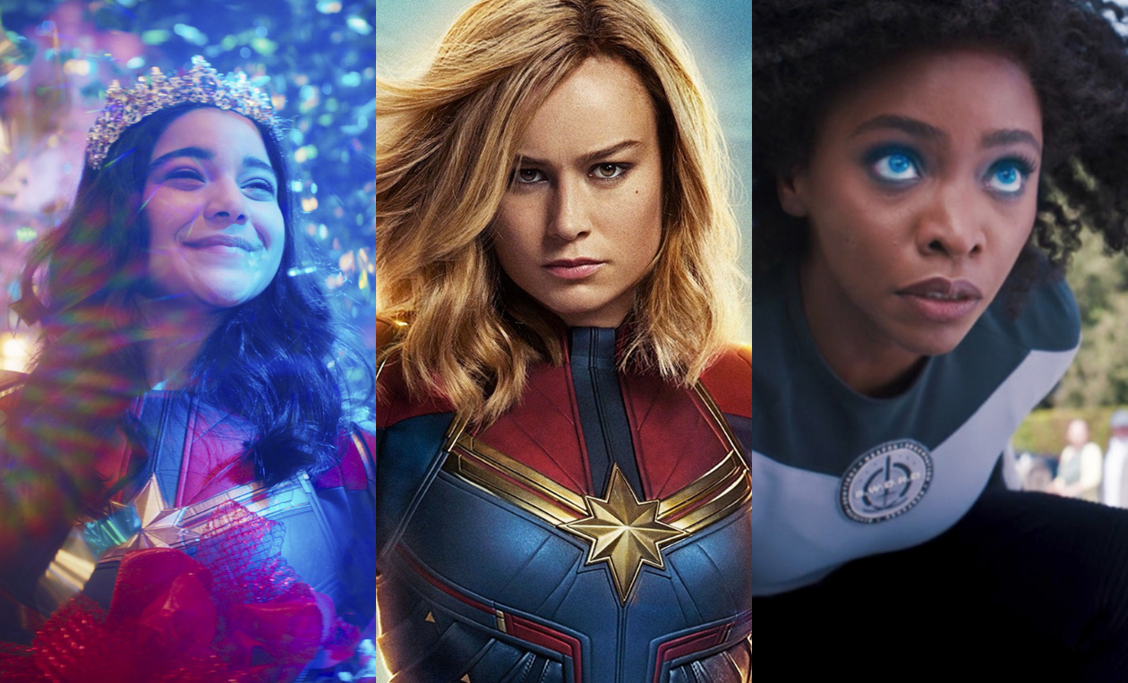 Montagem com Capitã Marvel (Brie Larson), Kamala Khan (Iman Vellani) e Monica Rambeau (Teyonah Parris) em produções da Marvel 
